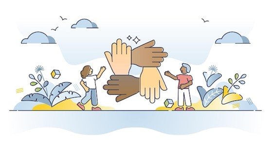 Un gruppo di persone con le mani protese l'una verso l'altra in simbolo di unità e speranza.